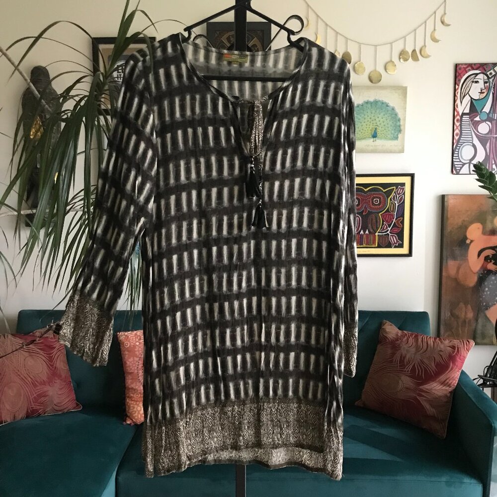 ROCK FLOWER PAPER size M / L Green Indian Block Print Boho Tunic Top Tasseled